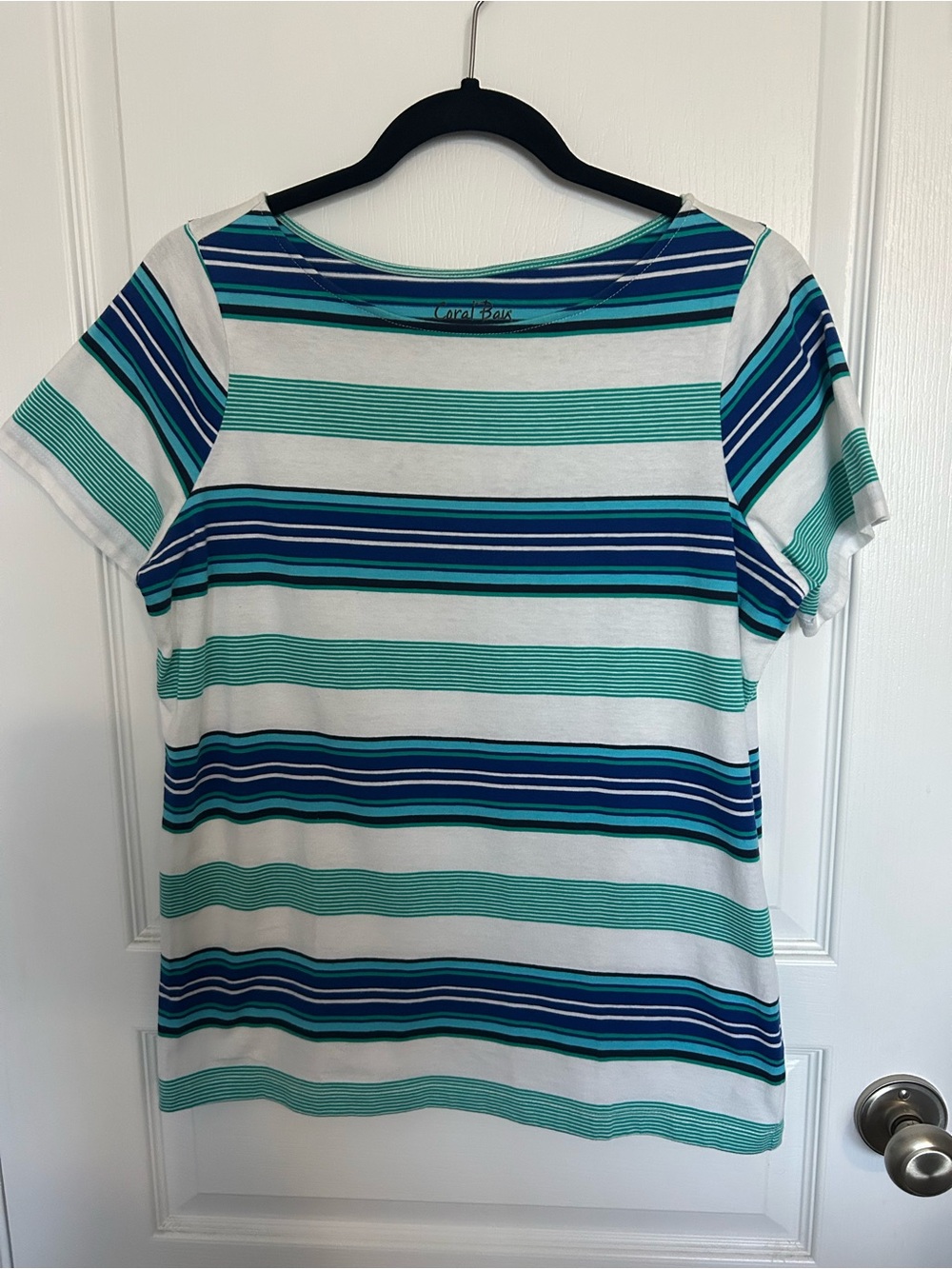 Coral Bay White, Teal & Blue Striped Short Sleeve Tee